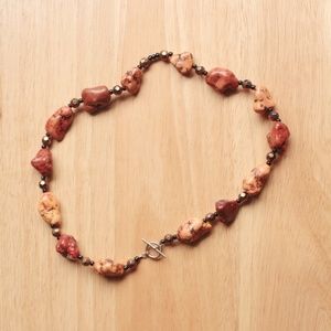 Orange Dyed Howlite Chunky Stone Statement Necklace Copper Bead Silver Tone